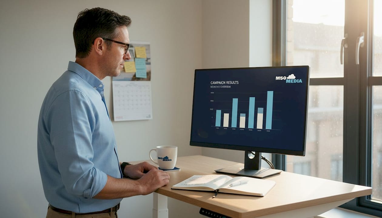 Business owner reviews campaign analytics at desk