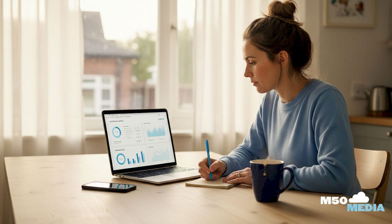 Small business owner checks digital ad dashboard