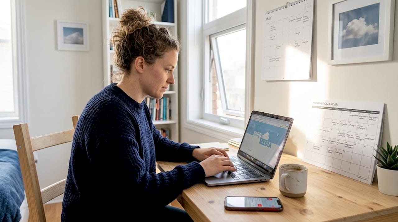 Small business owner blogging at desk