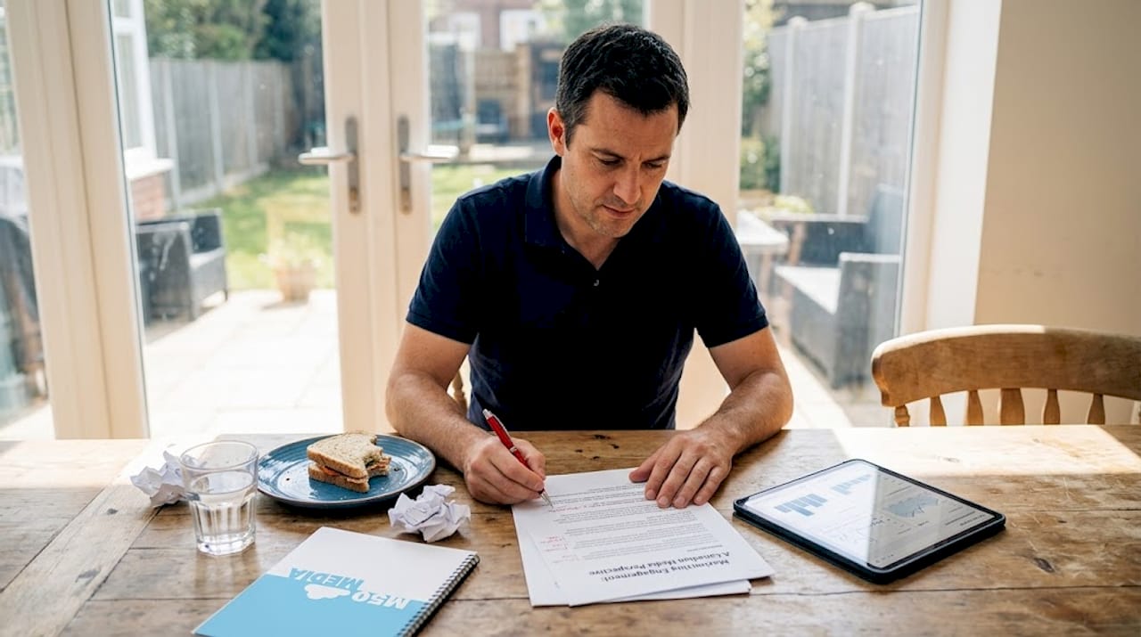 Entrepreneur reviewing blog post draft at table