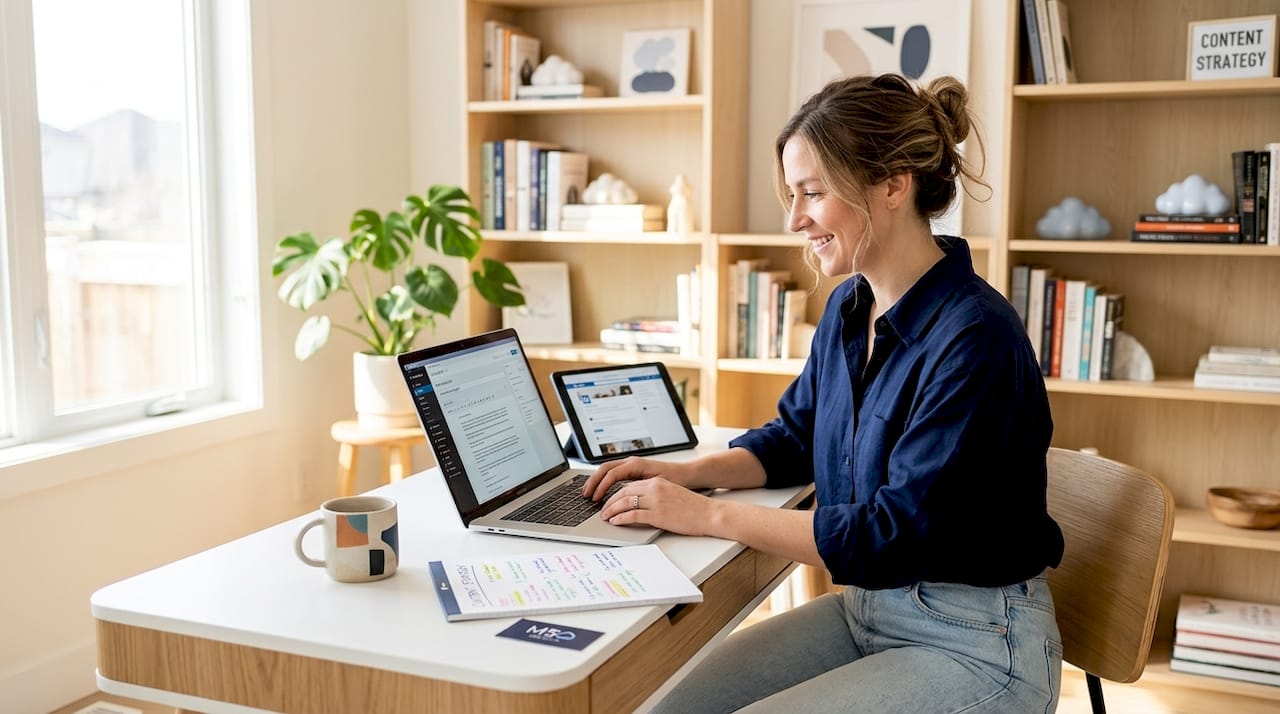 Business owner drafting blog content in bright home office