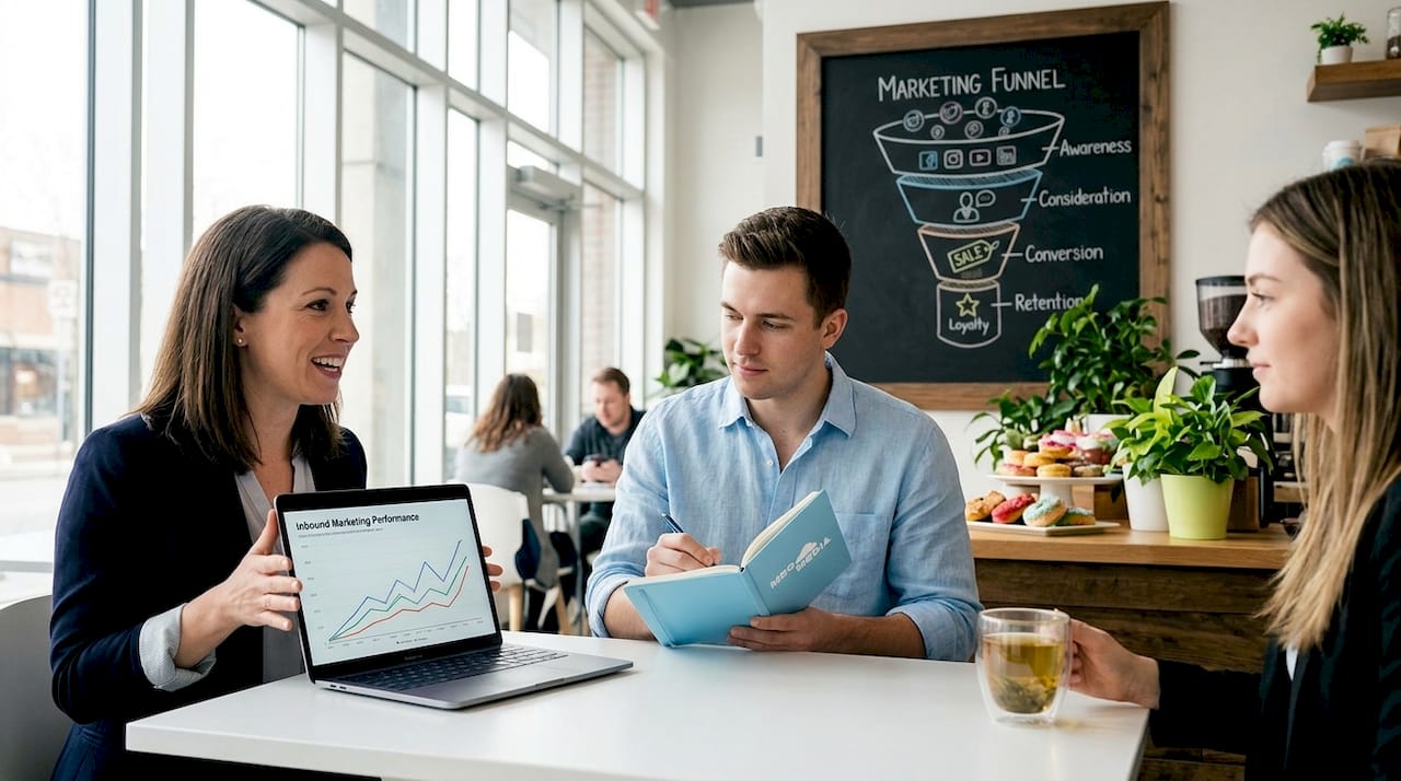 Team reviews inbound marketing metrics during meeting