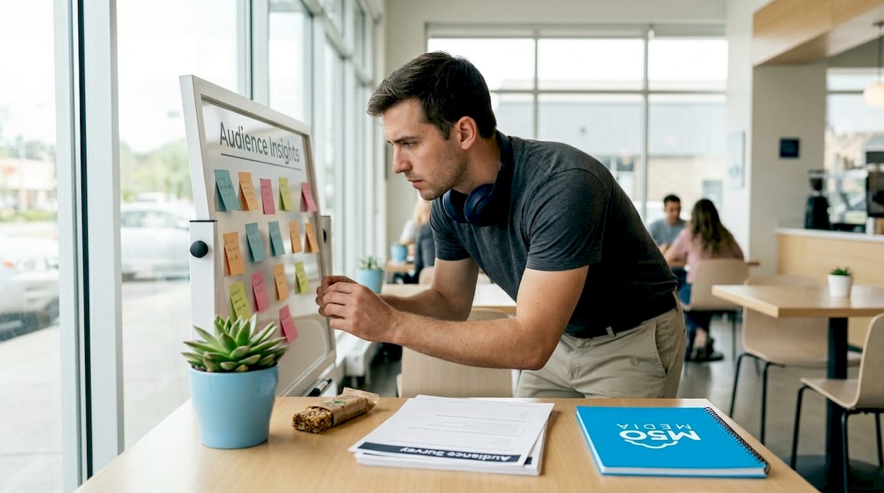 Manager reviews audience insights notes in office