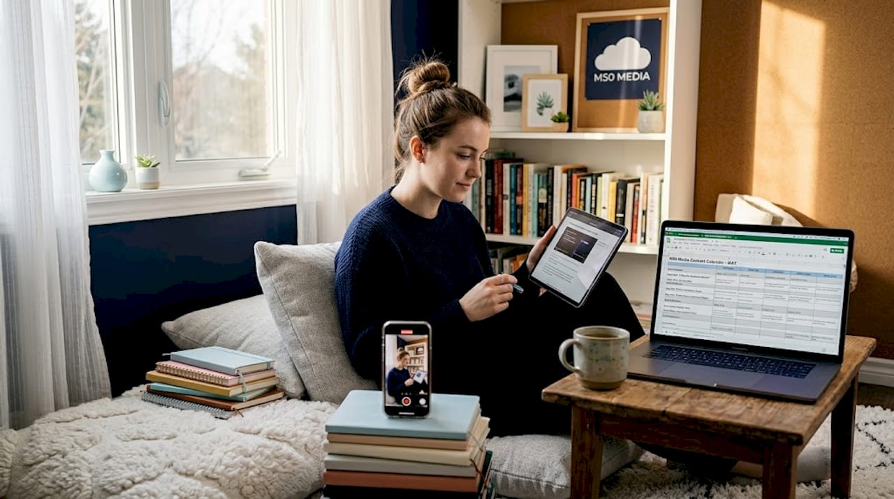 Entrepreneur creating content at kitchen table
