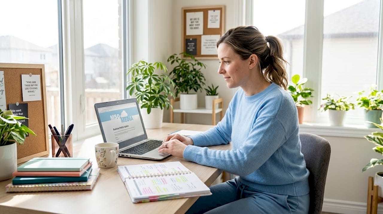 Small business owner working at laptop in home