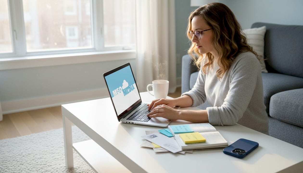 Small business owner emailing in kitchen