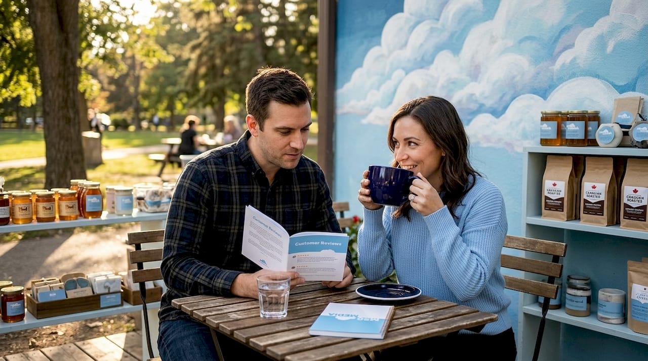 People in café reviewing ratings and chatting