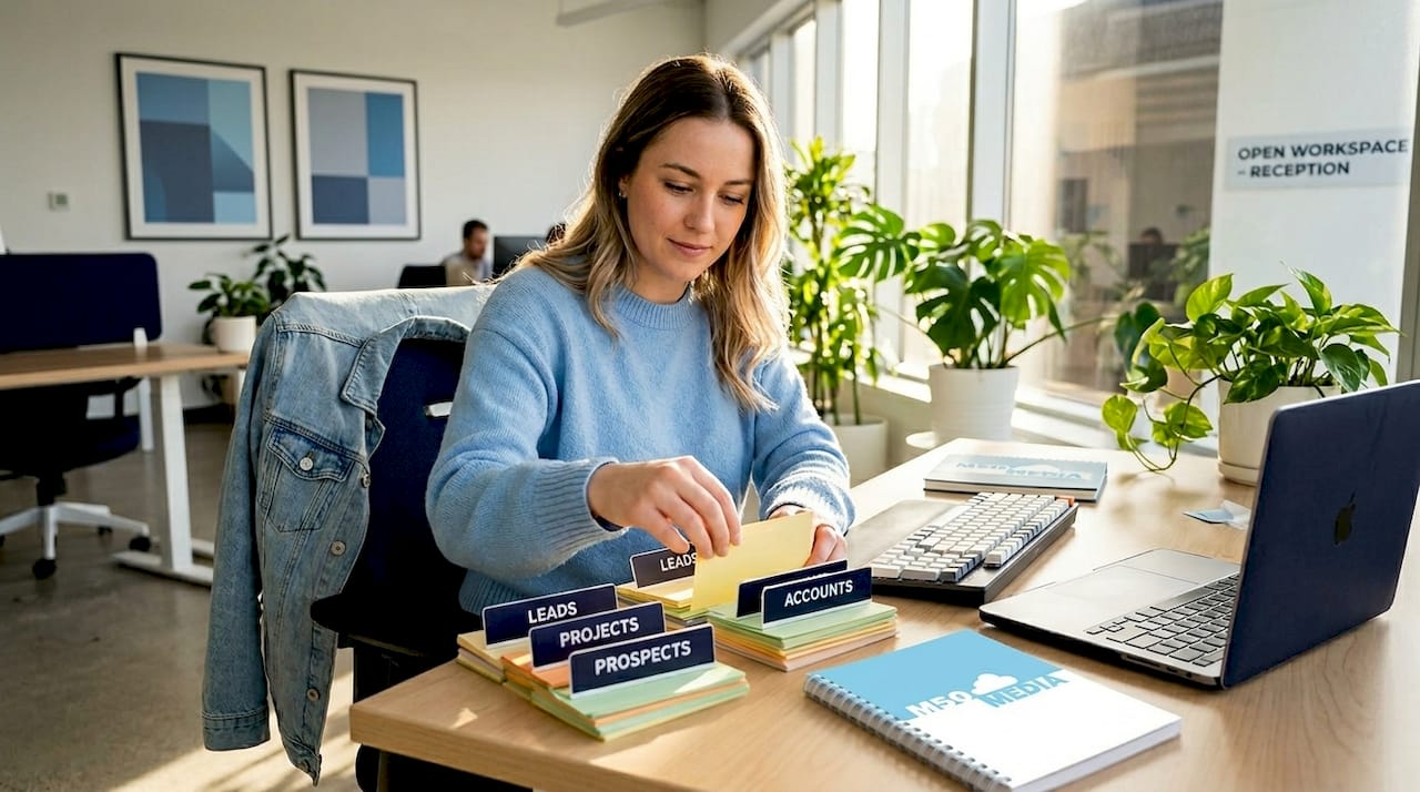 Office manager sorting customer cards by characteristic