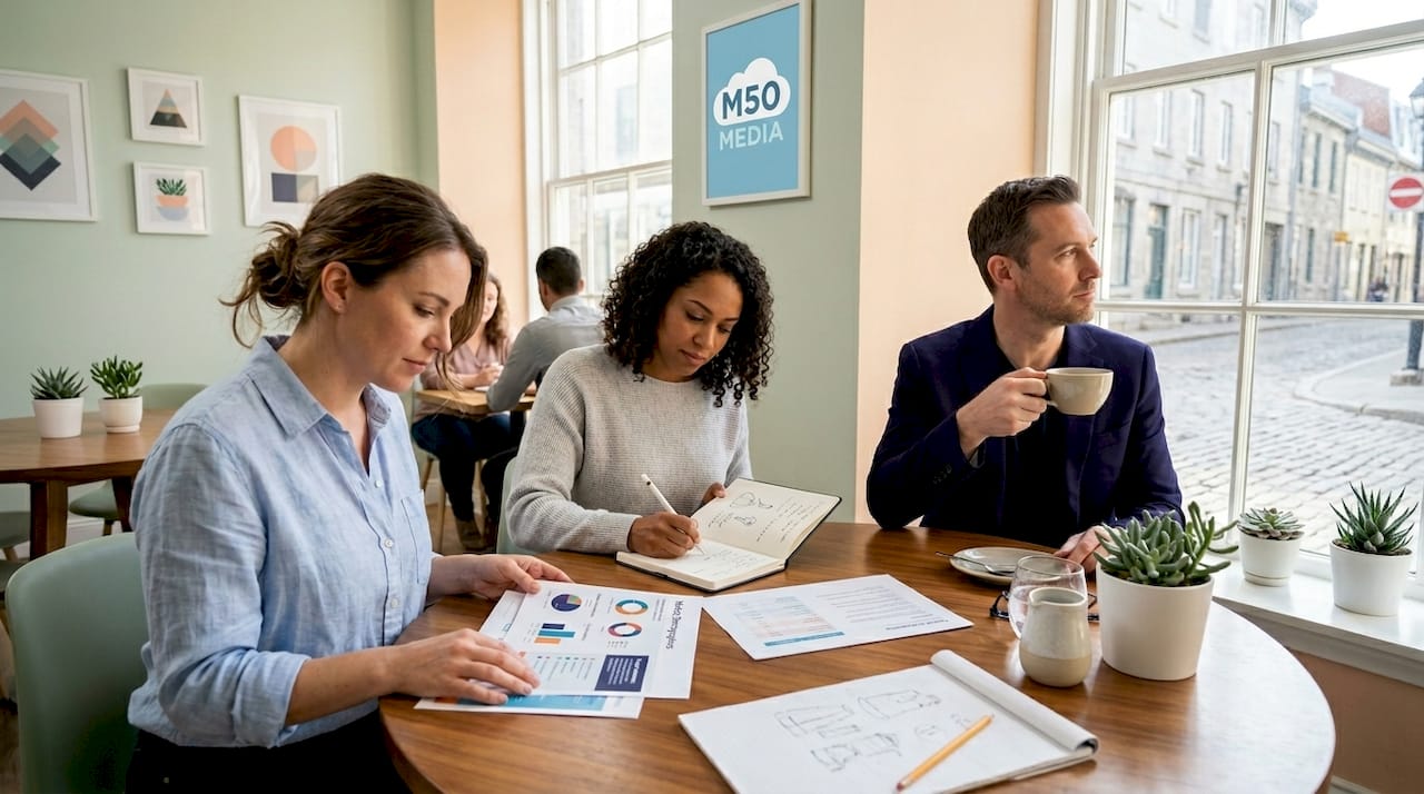 Small business team meeting at café table