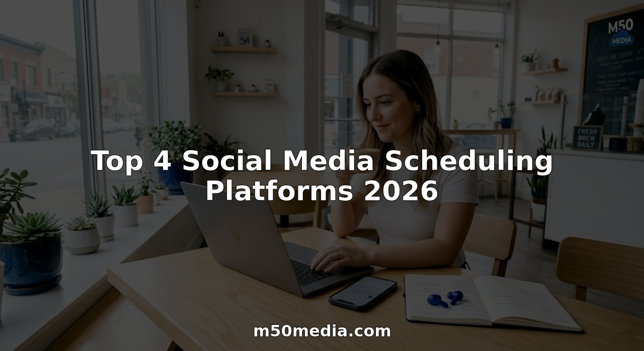 Social media manager schedules posts at coworking table