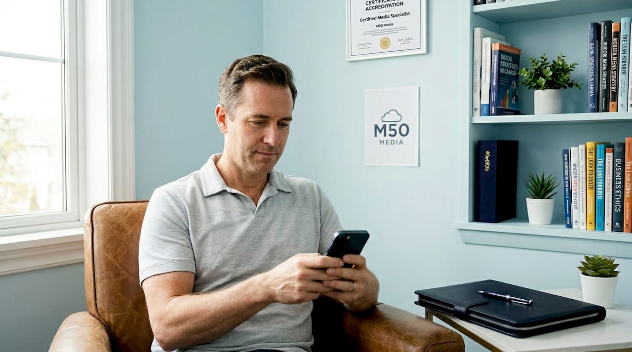 Business owner messaging customers in office