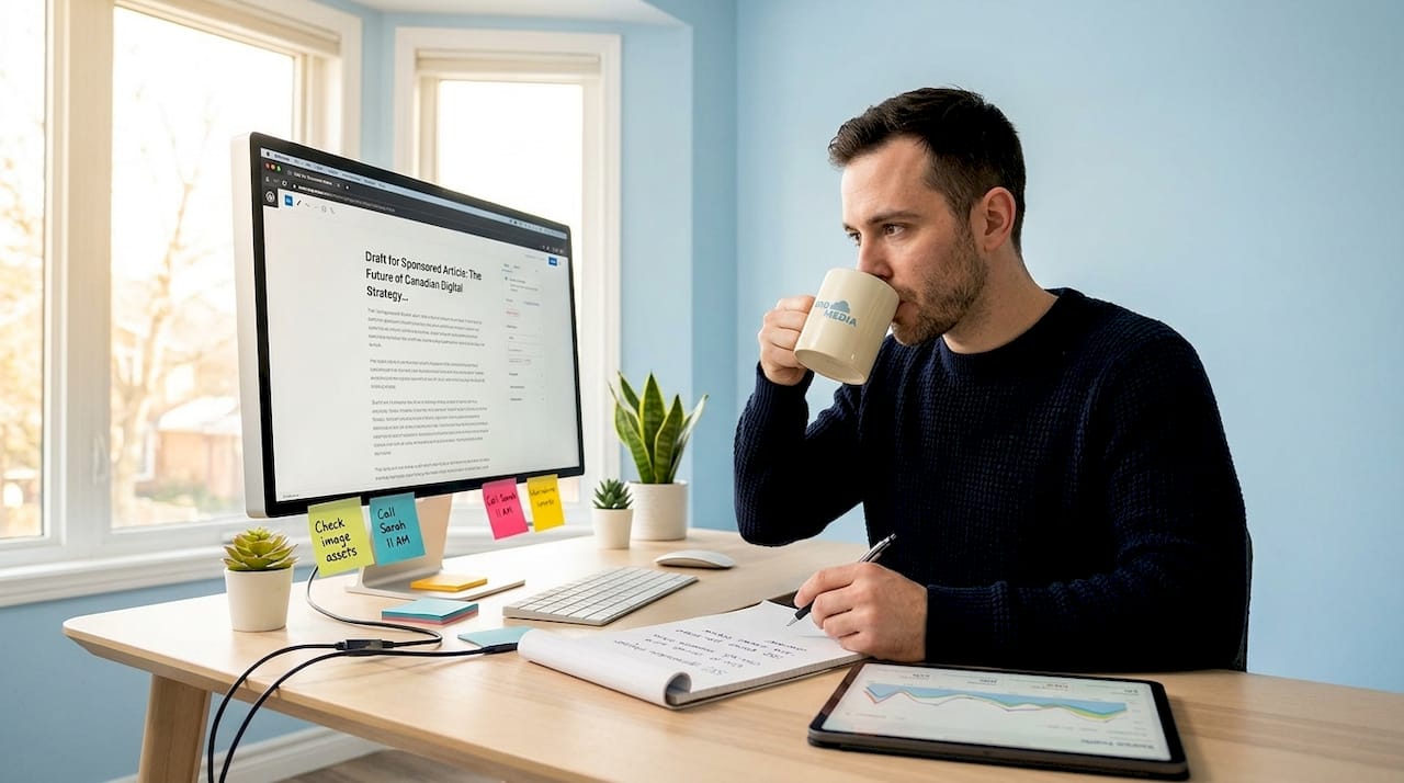 Marketing manager editing native ad at desk