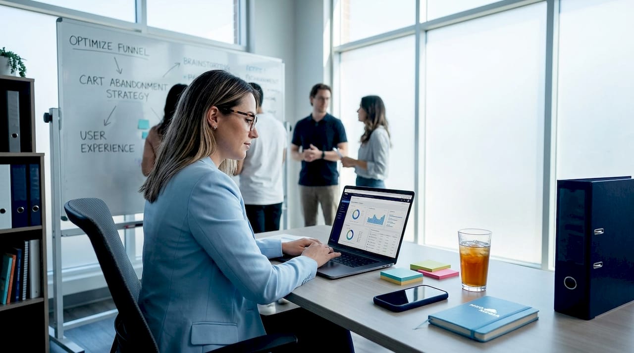 Ecommerce manager reviewing CRM dashboard in office