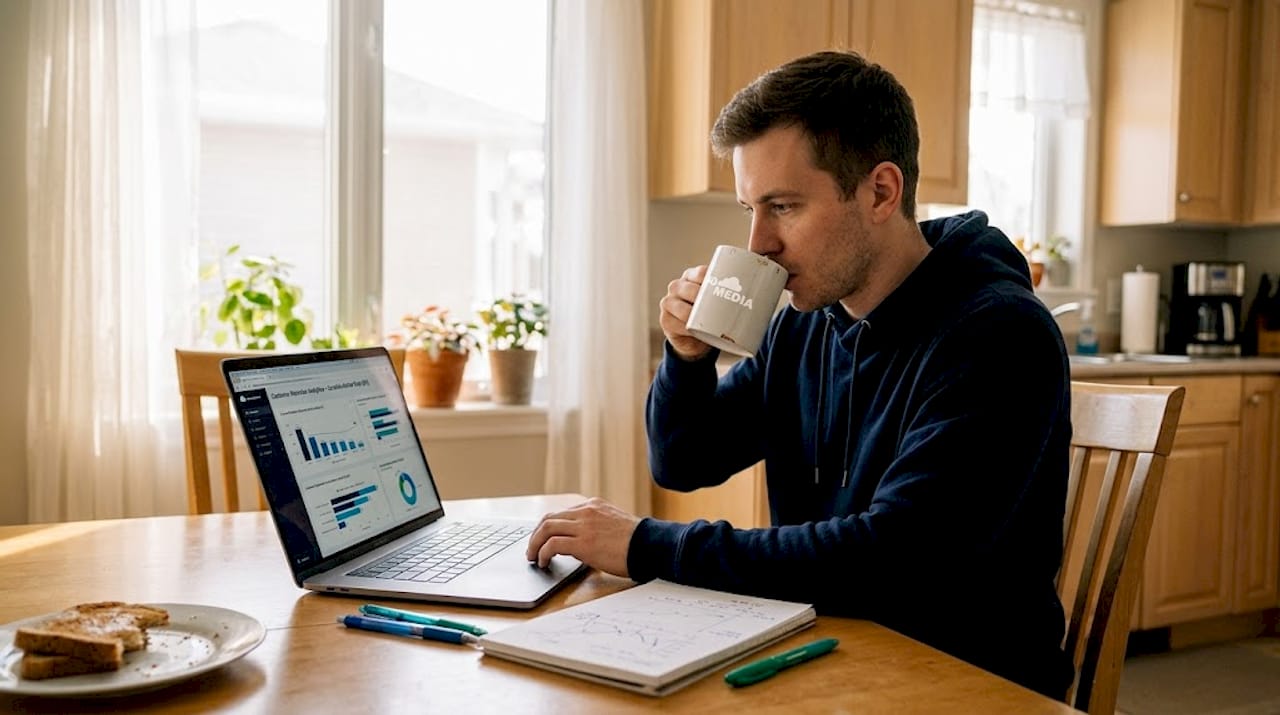 Data analyst checks CRM retention analytics at home