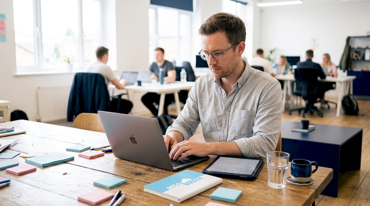 Worker crafting campaign message in open workspace