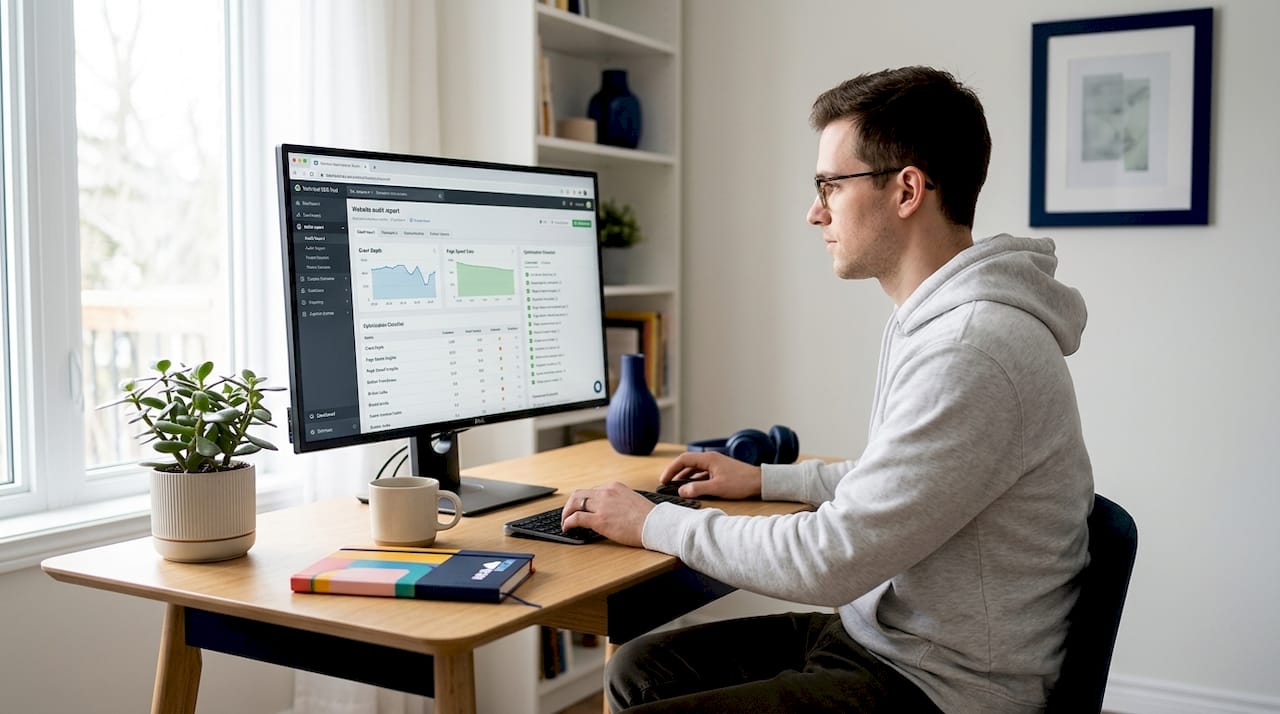 Person reviewing SEO crawl report at desk