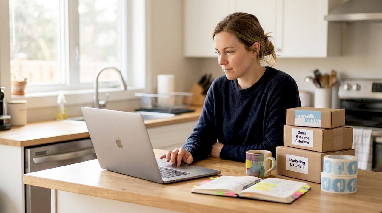 Small business owner at home ecommerce workspace