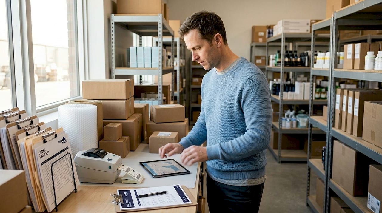 Man checking analytics beside inventory shelves