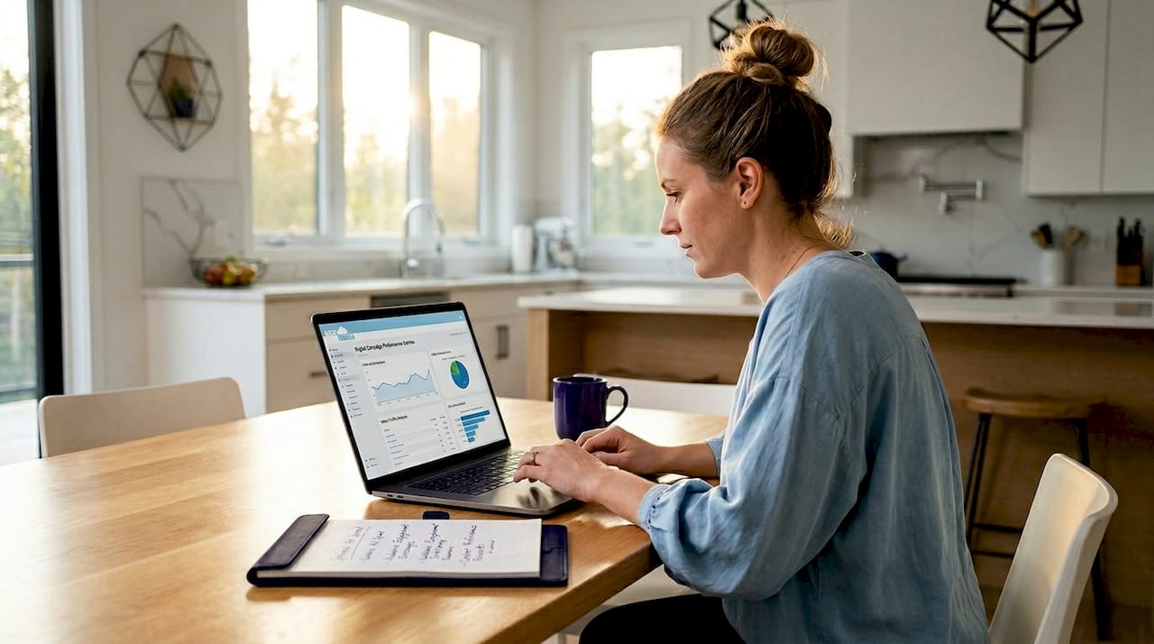 Woman viewing ecommerce analytics at kitchen table