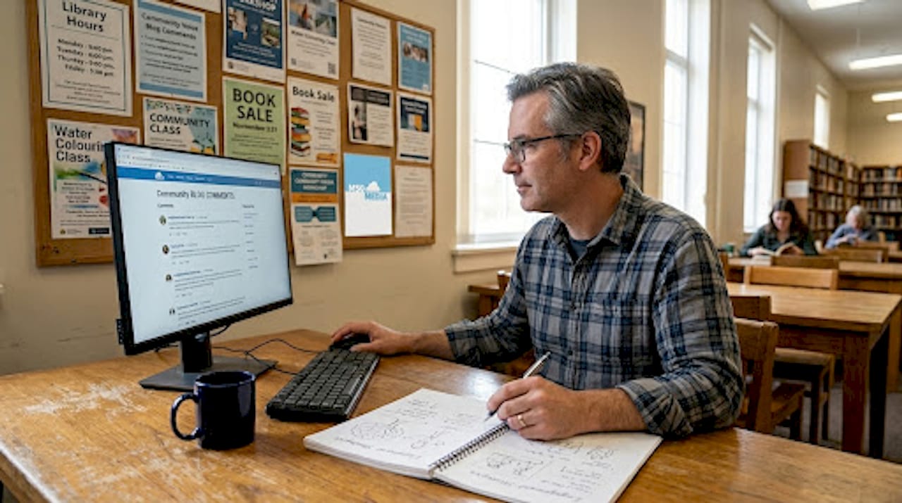 Man interacting with blog community in café workspace