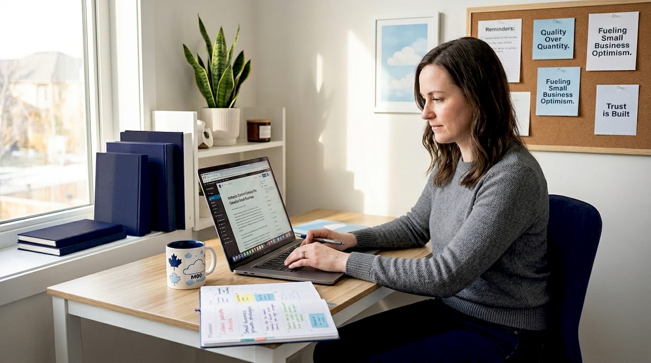 Woman blogging in cozy home office