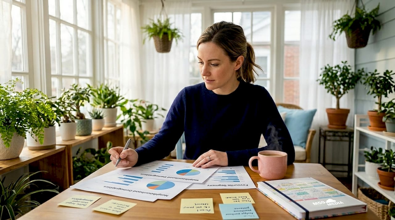 Small business owner reviewing customer segments at home kitchen table