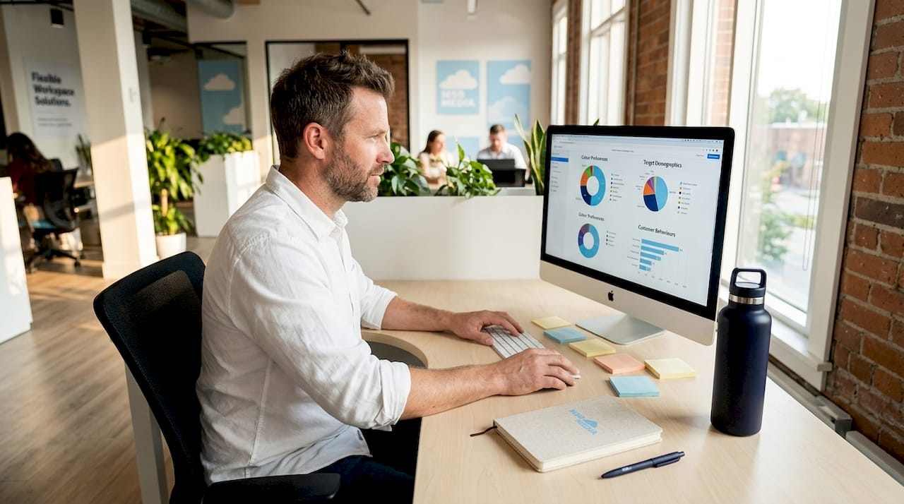 Male marketer analyzing market segmentation data on computer screen
