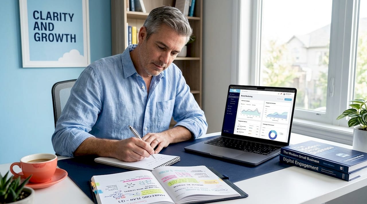 Business owner monitoring reputation and taking notes
