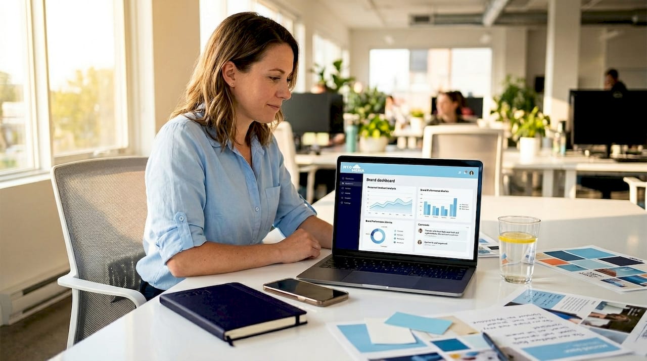 Businesswoman reviewing reputation data on laptop