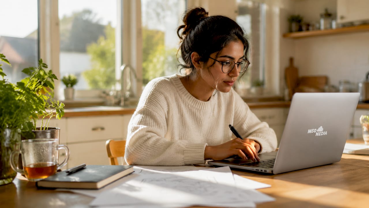 Woman setting up landing page on laptop