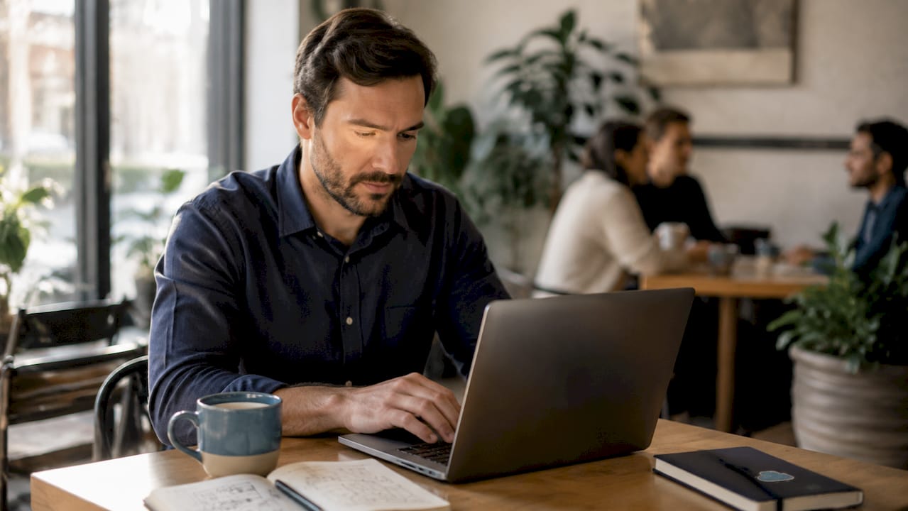 Sales manager typing CRM data on laptop