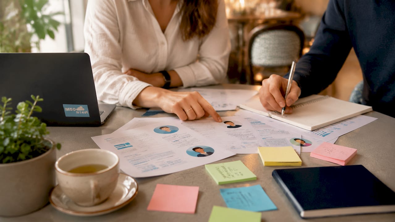 Hands analyzing buyer persona charts on table