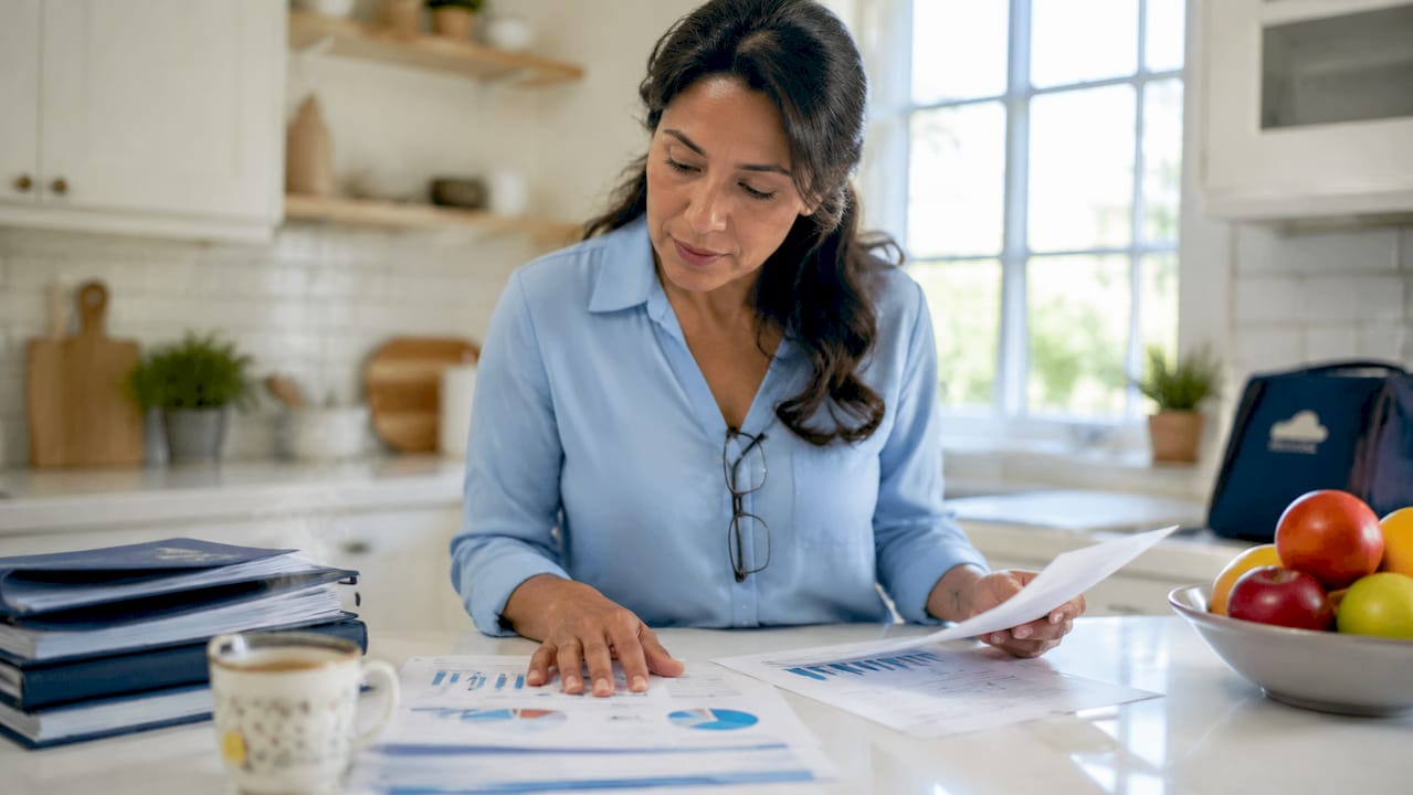 Woman reviewing customer data reports at desk