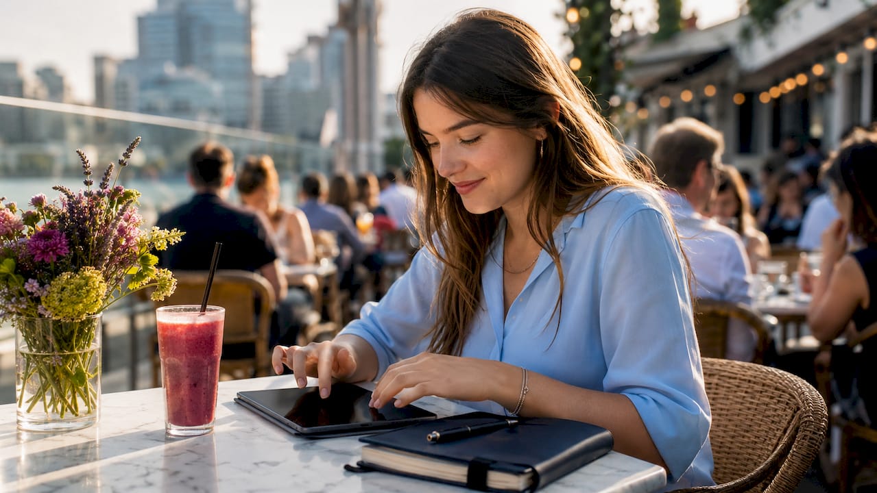 User interacting with tablet at coffee shop