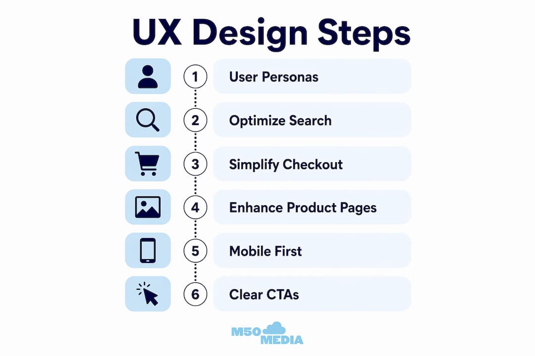 Infographic showing UX design strategy steps for ecommerce