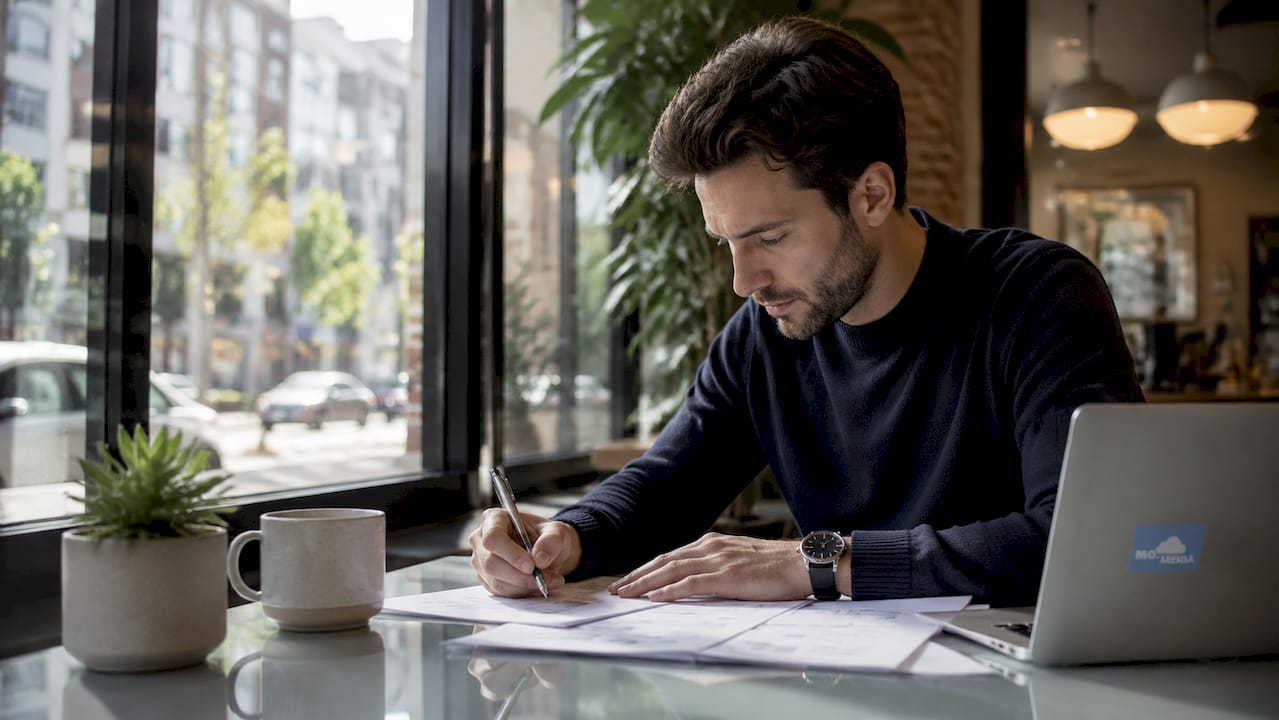 Entrepreneur reviewing growth strategy notes