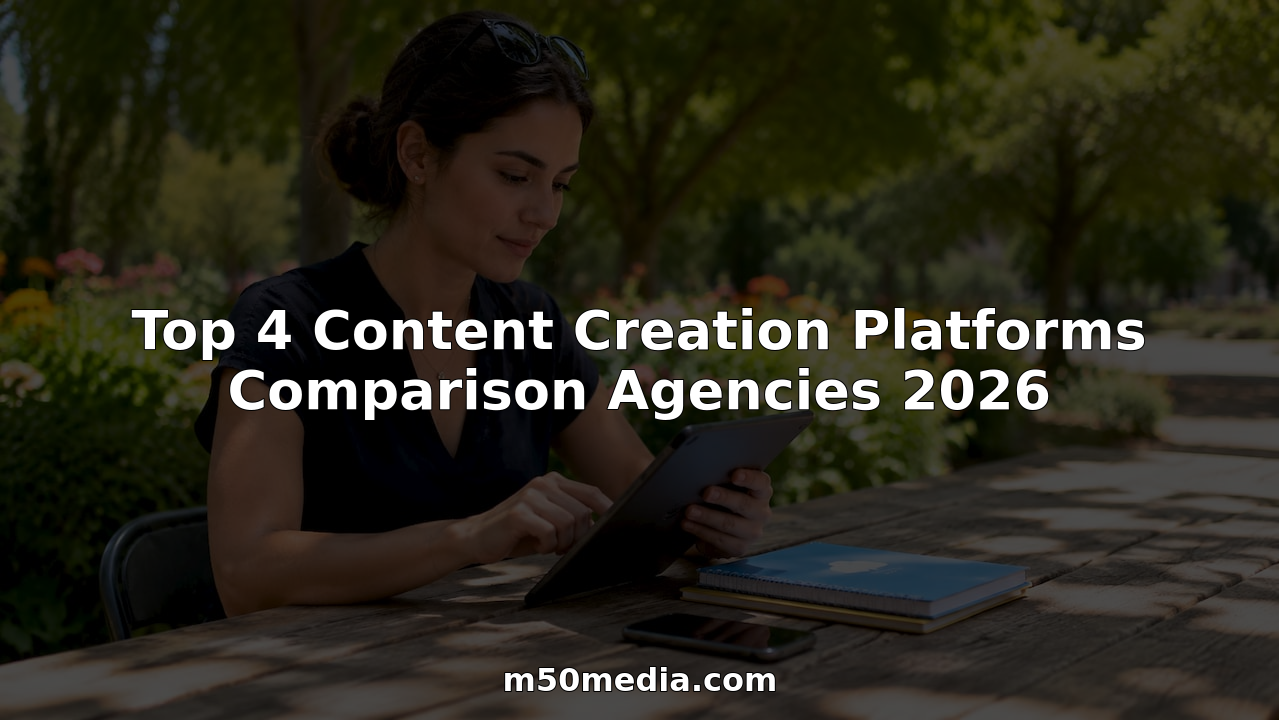 Digital marketer comparing content creation platforms on tablet