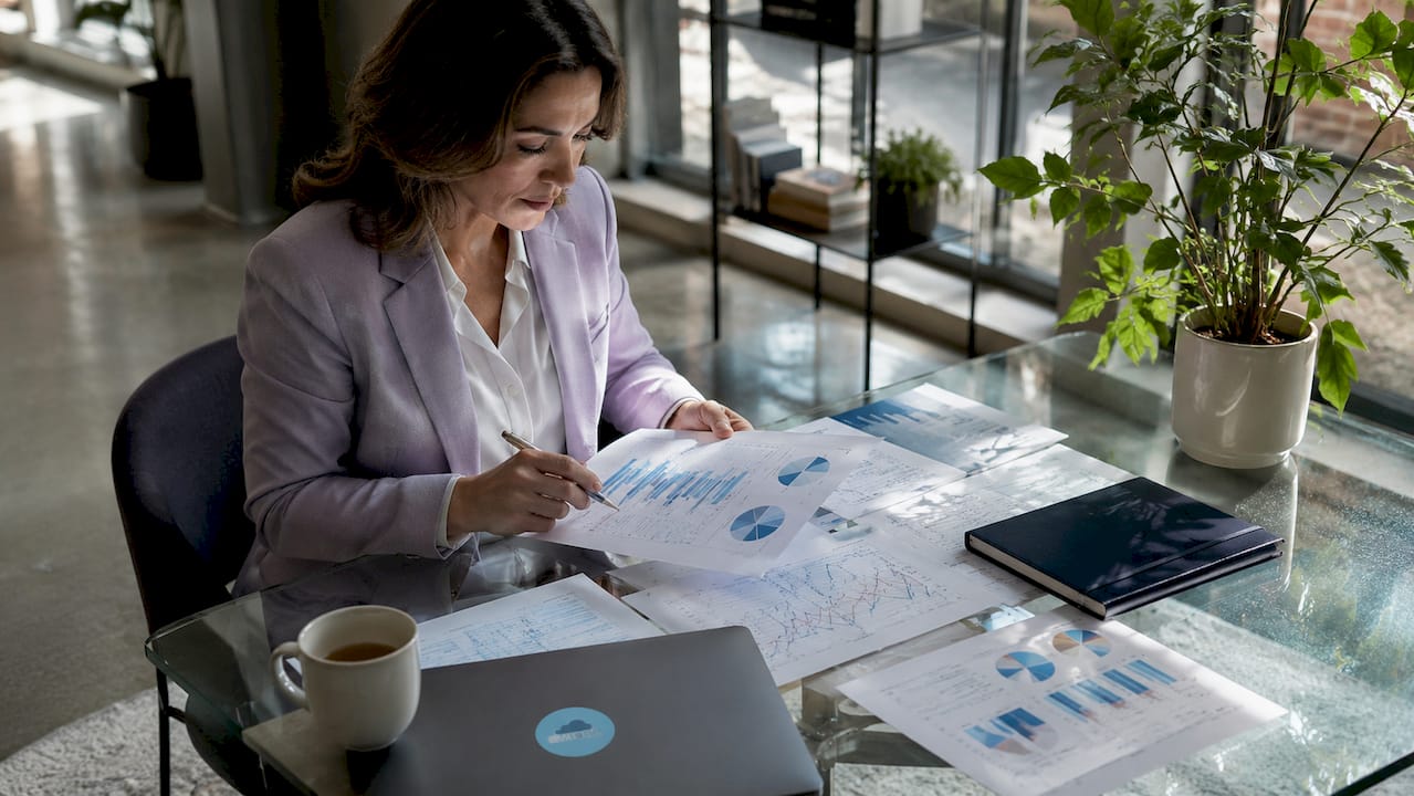 Businesswoman reviewing business scaling strategy documents