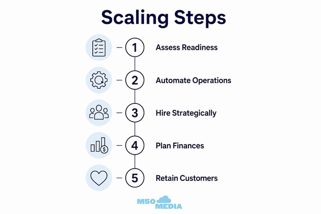 Infographic illustrating five core business scaling steps