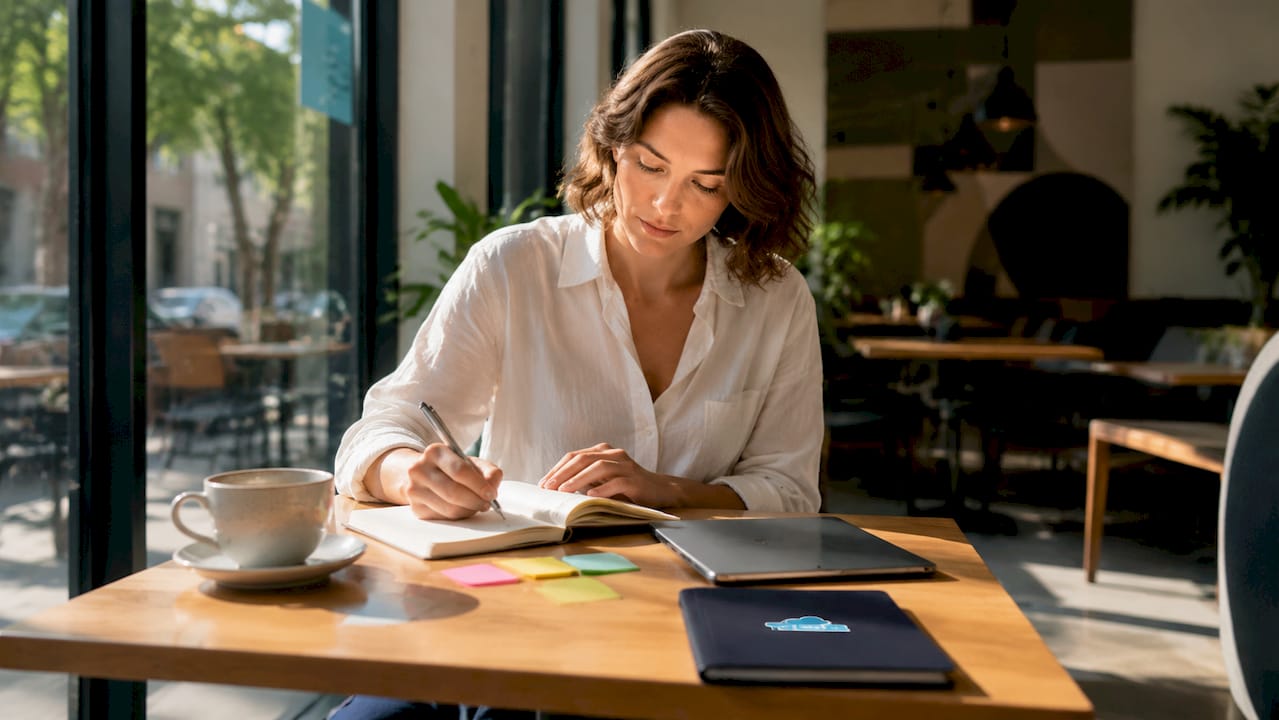 Woman planning marketing funnel at home