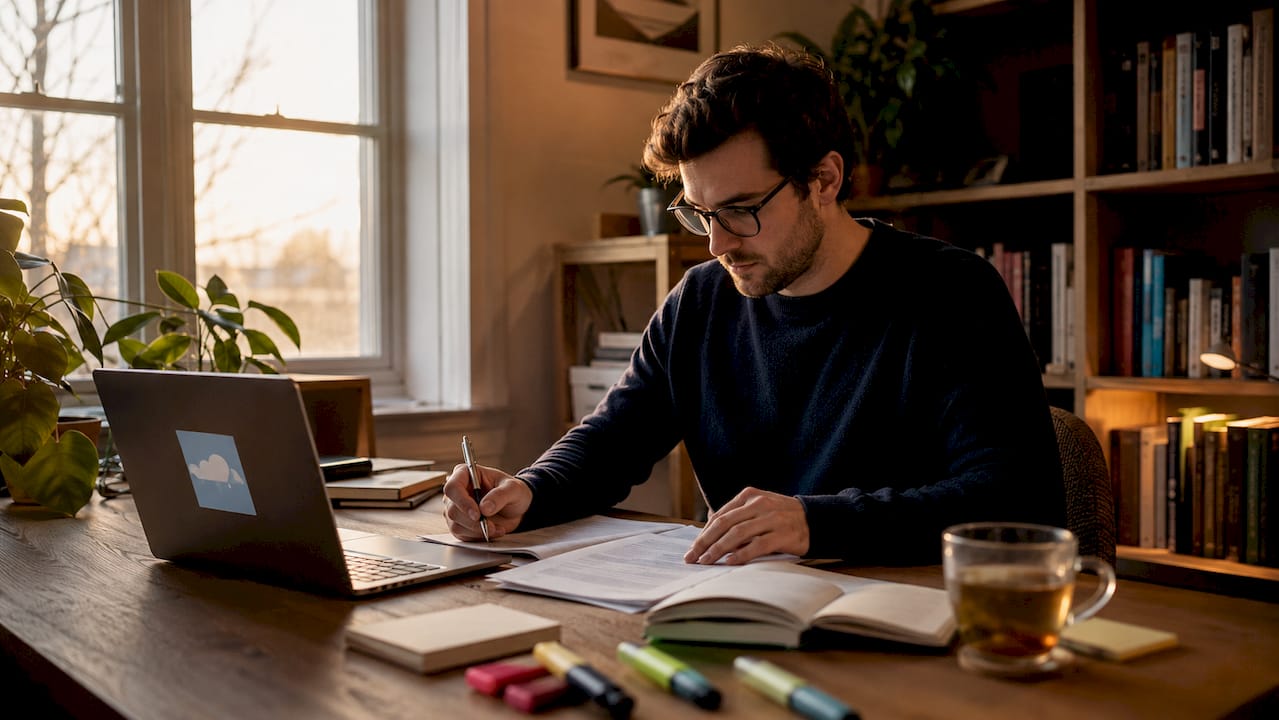 Marketer editing printed white paper draft