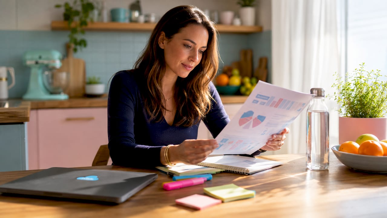 Content marketing strategist at desk reviewing infographic