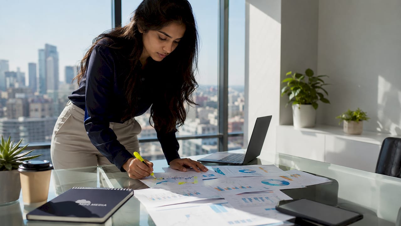 Woman reviewing SEO reports in office