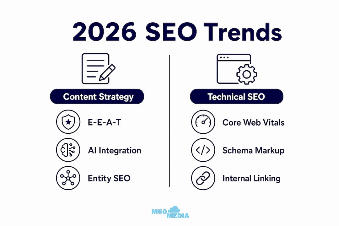 Infographic contrasting SEO content and technical trends