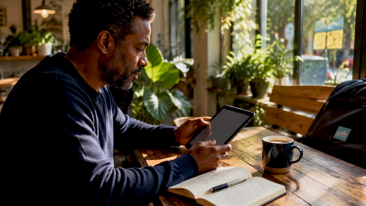 Man analyzing mobile app data on tablet