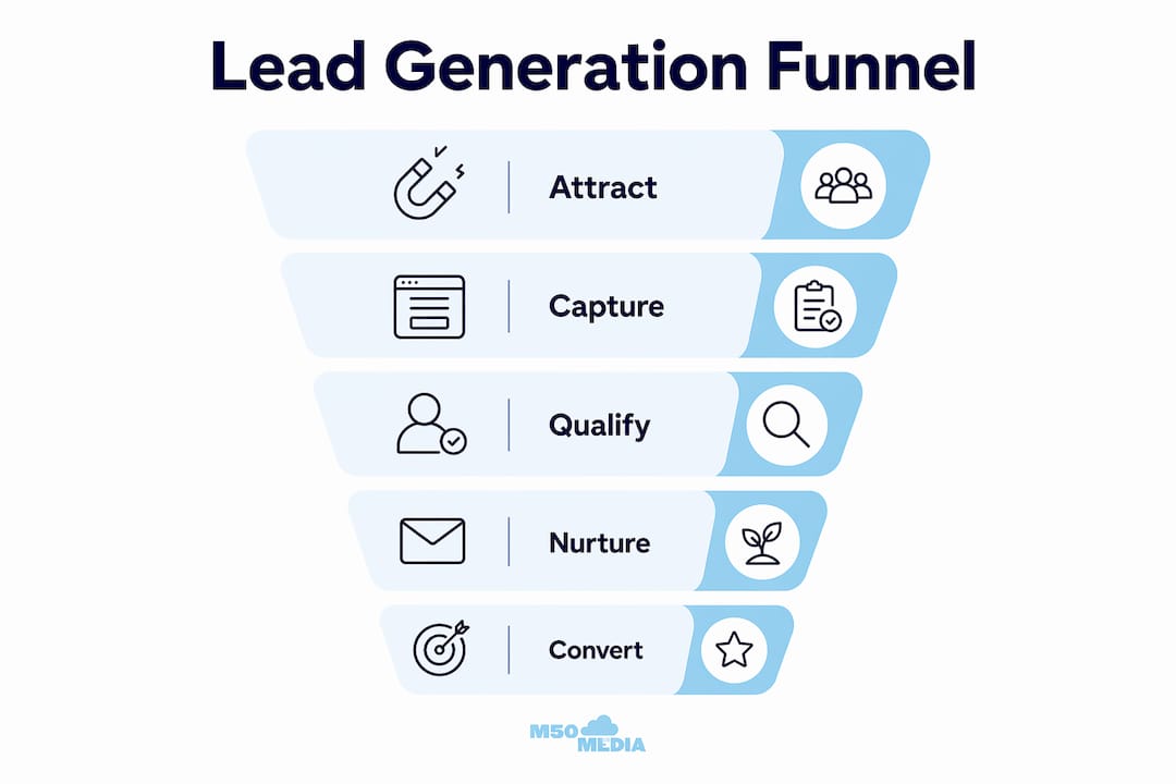 Infographic illustrating lead generation funnel stages