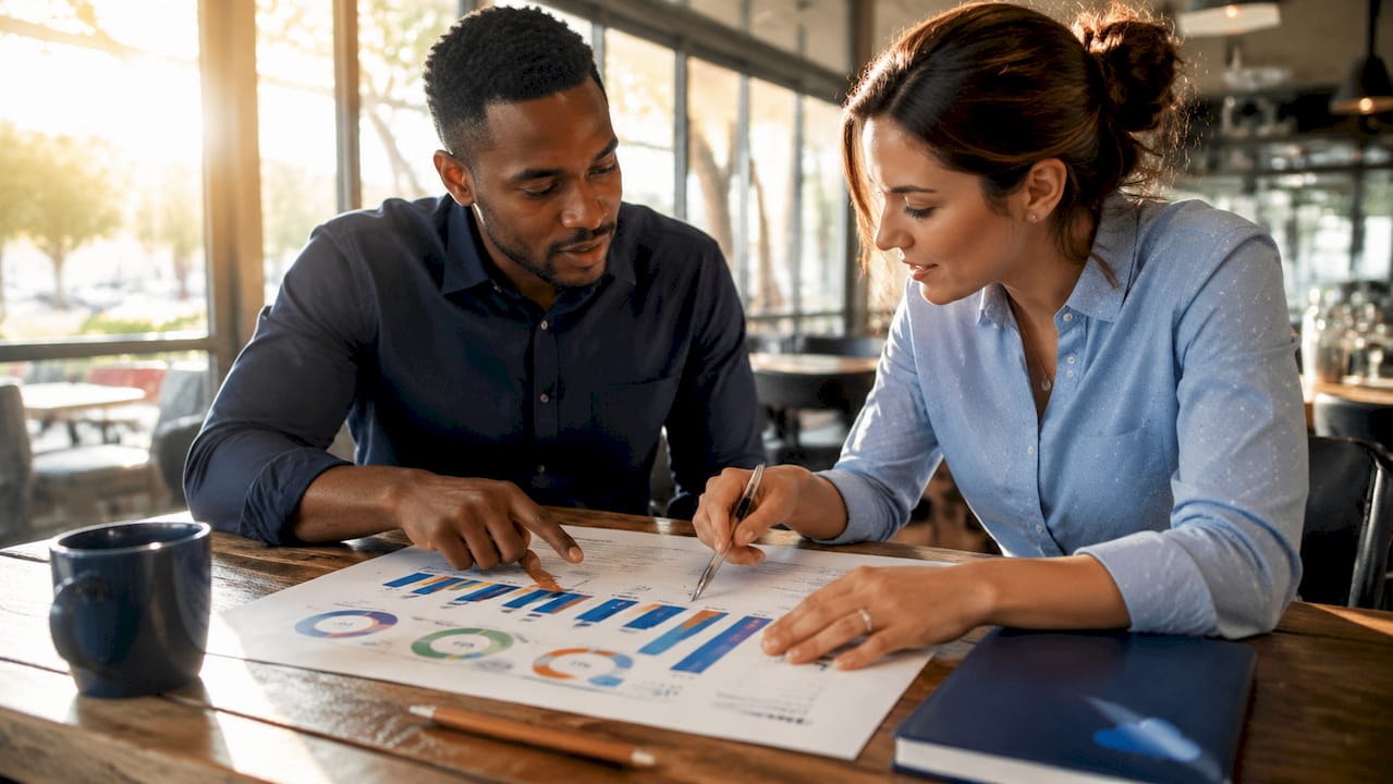 Professionals discussing sales chart on customer reviews impact
