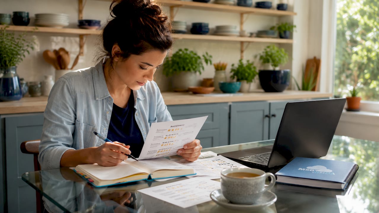 Small business owner reading customer reviews at desk