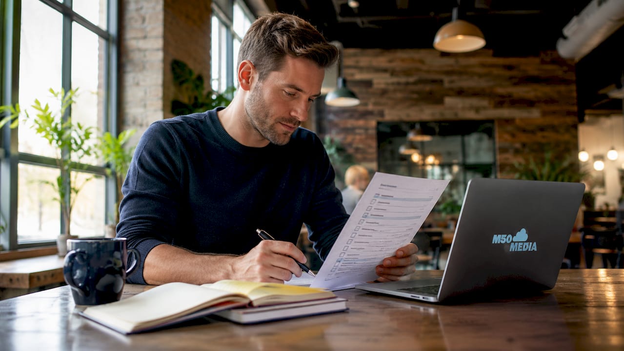 Small business owner reviewing marketing checklist