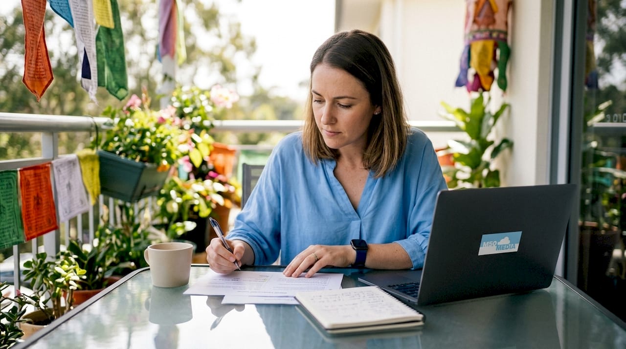 Small business owner planning email campaign at home table